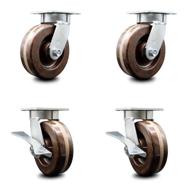 6 Inch Kingpinless High Temp Phenolic Wheel Swivel Caster Set with 2 Brakes SCC